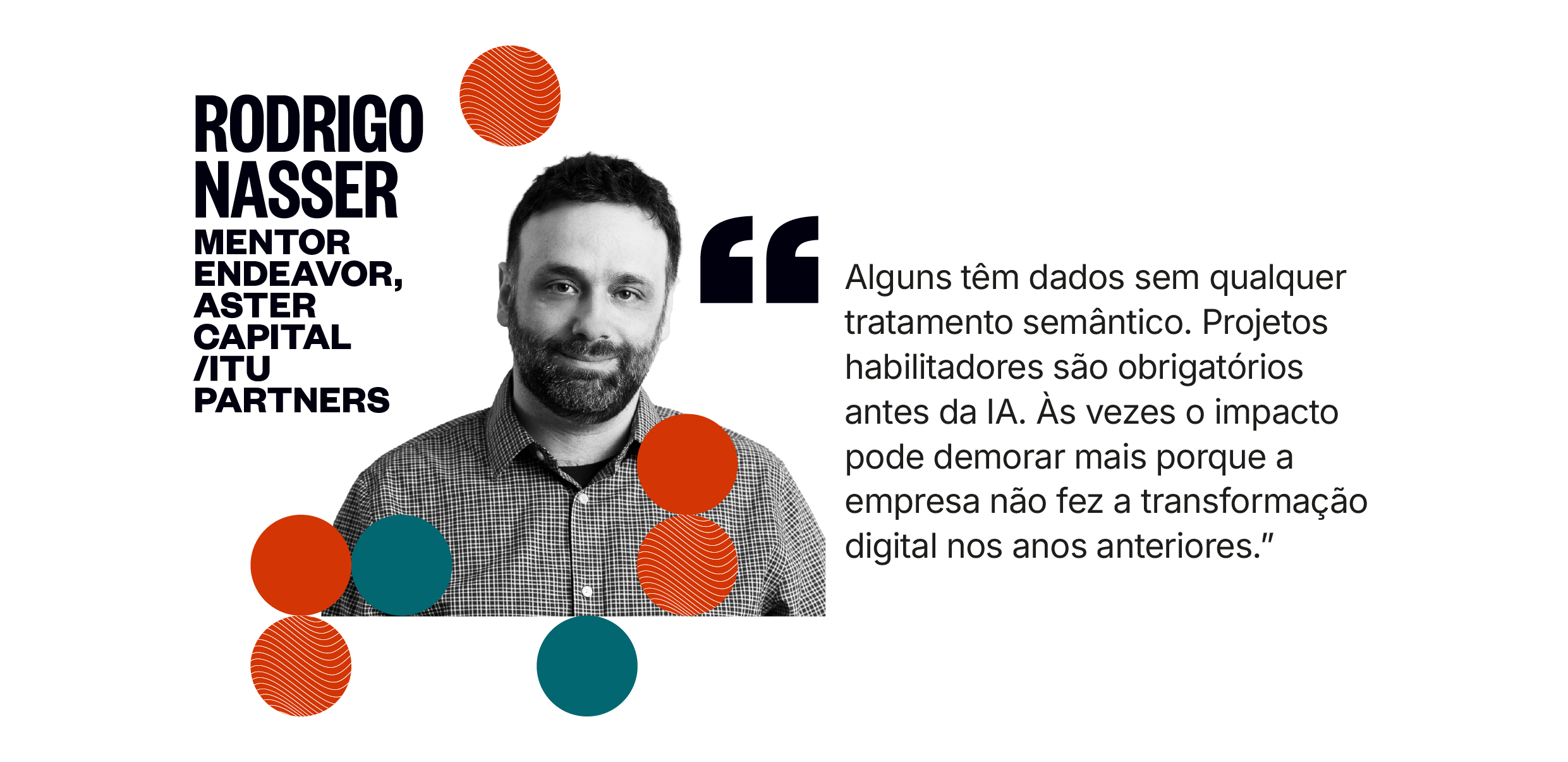 Citação de Rodrigo Nasser: Alguns têm dados sem qualquer tratamento semântico. Projetos habilitadores são obrigatórios antes da IA. Às vezes o impacto pode demorar mais porque a empresa não fez a transformação digital nos anos anteriores.