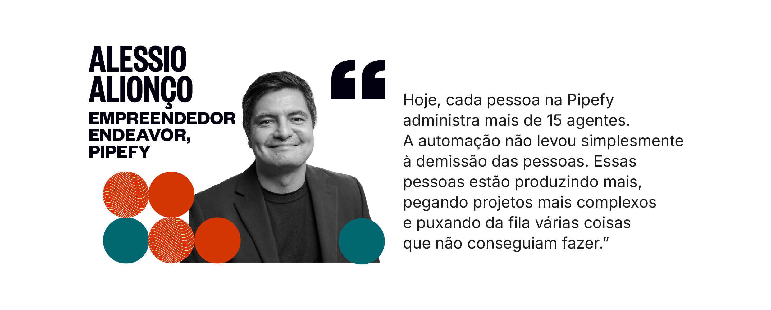 Citação de Alessio Alionço: Hoje, cada pessoa na Pipefy administra mais de 15 agentes. A automação não levou simplesmente à demissão. Essas pessoas estão produzindo mais, pegando projetos mais complexos e puxando da fila várias coisas que não conseguiam fazer.